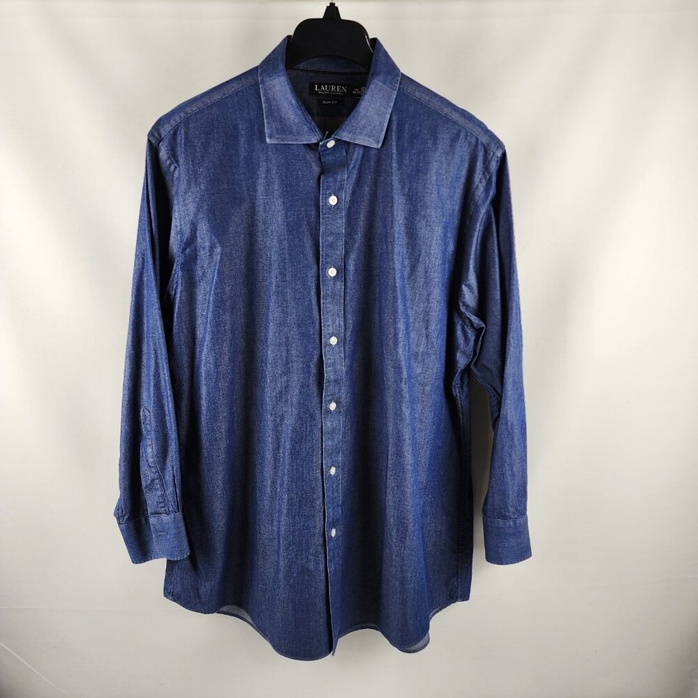 Lauren Ralph Lauren Black Label Shirt Mens 17.5/32-33 Blue Chambray Slim Fit